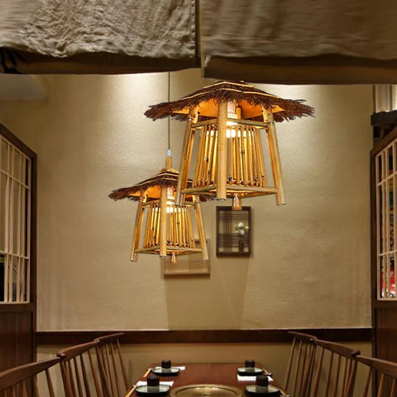 Japanse paviljoen hanglamp bamboe 1-lichts theesalon hangende plafondlamp hout Clearhalo