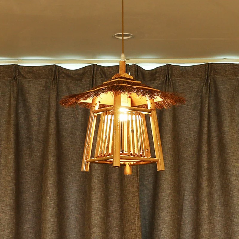Japanse paviljoen hanglamp bamboe 1-lichts theesalon hangende plafondlamp hout Clearhalo
