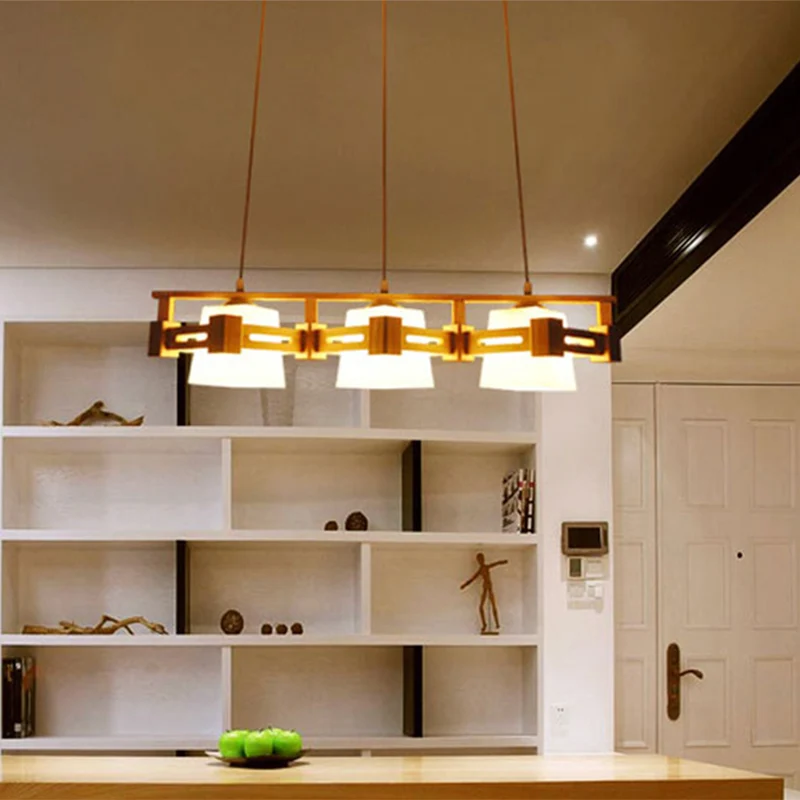 Japanse trapeziumvormige hanglamp crèmekleurig glas 3 lampen eetkamer eilandplafondlamp hout Clearhalo