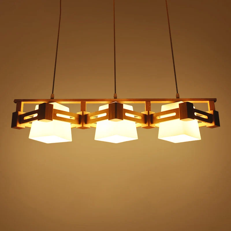 Japanse trapeziumvormige hanglamp crèmekleurig glas 3 lampen eetkamer eilandplafondlamp hout Clearhalo