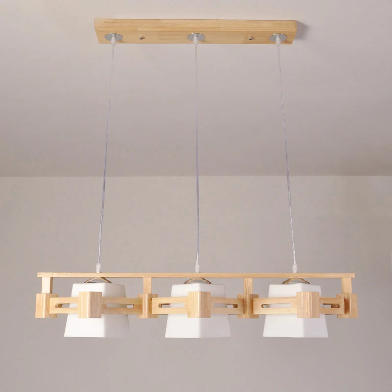Japanse trapeziumvormige hanglamp crèmekleurig glas 3 lampen eetkamer eilandplafondlamp hout Clearhalo
