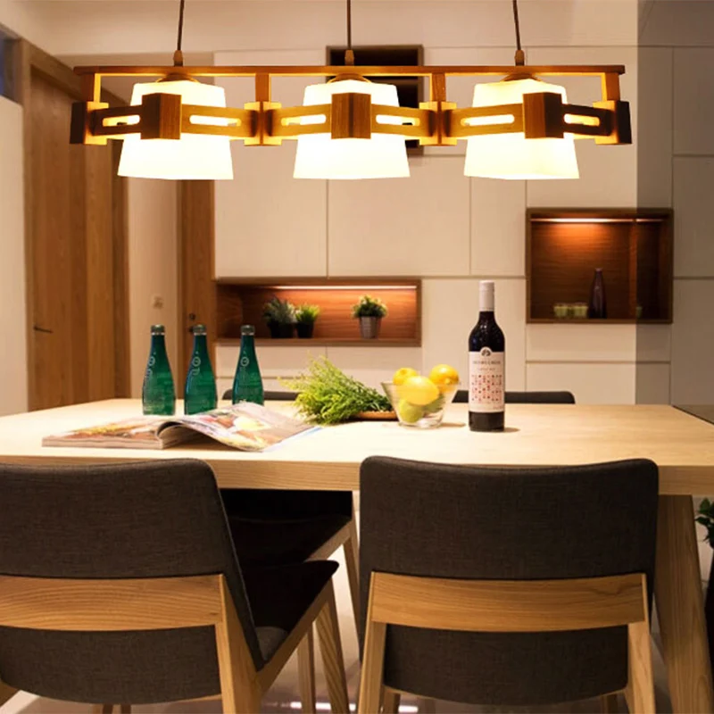 Japanse trapeziumvormige hanglamp crèmekleurig glas 3 lampen eetkamer eilandplafondlamp hout Clearhalo