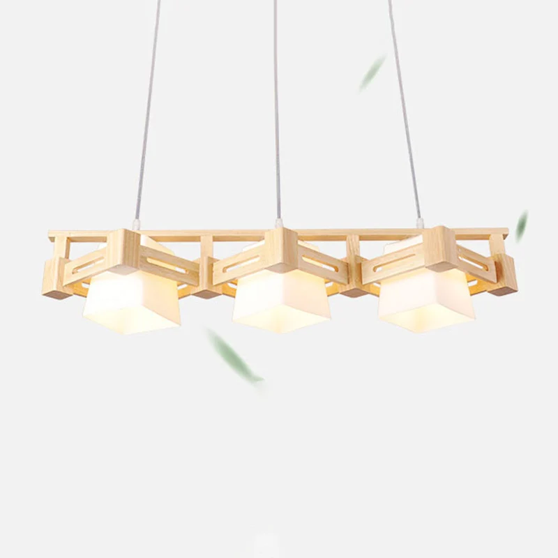 Japanse trapeziumvormige hanglamp crèmekleurig glas 3 lampen eetkamer eilandplafondlamp hout Clearhalo