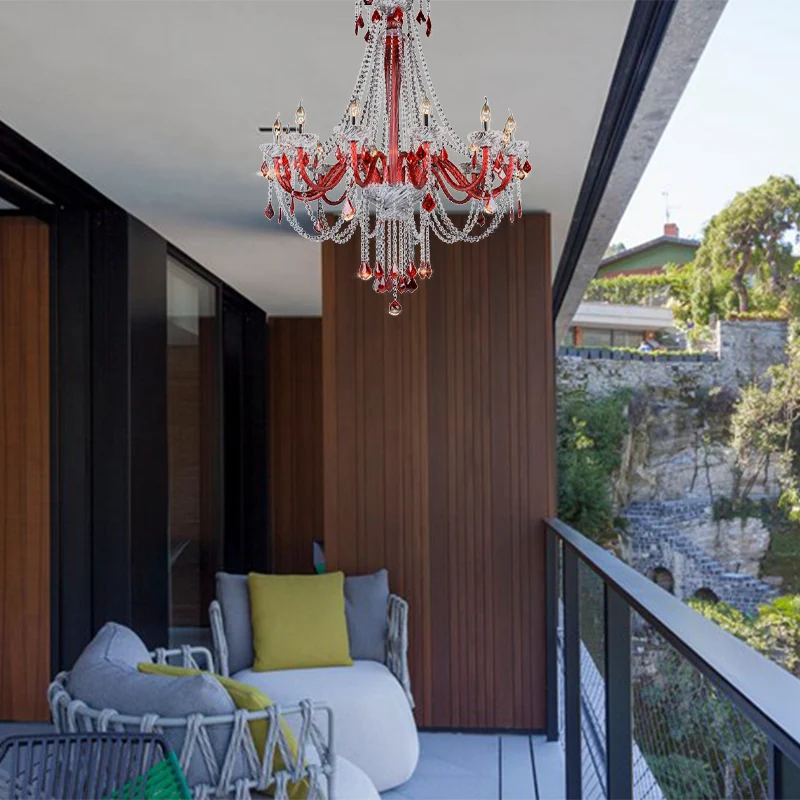 Kaars Kroonluchter Lichtpunt Modern K9 Kristal 12 Lampen Rood Plafond Hanglamp voor Balkon Clearhalo