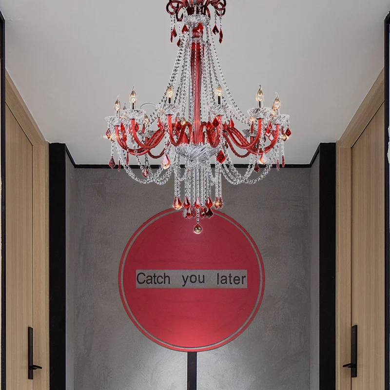 Kaars Kroonluchter Lichtpunt Modern K9 Kristal 12 Lampen Rood Plafond Hanglamp voor Balkon Clearhalo
