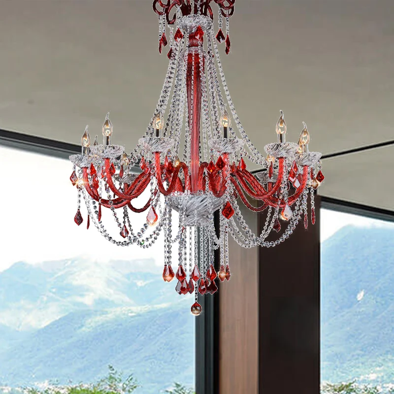 Kaars Kroonluchter Lichtpunt Modern K9 Kristal 12 Lampen Rood Plafond Hanglamp voor Balkon Clearhalo