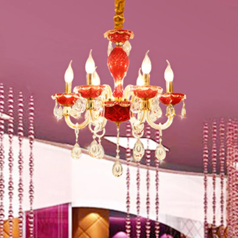 Kaars Restaurant Hanglamp Kit Traditioneel Kristal Drip 6/8 Lichten Rode Kroonluchter Verlichting Clearhalo