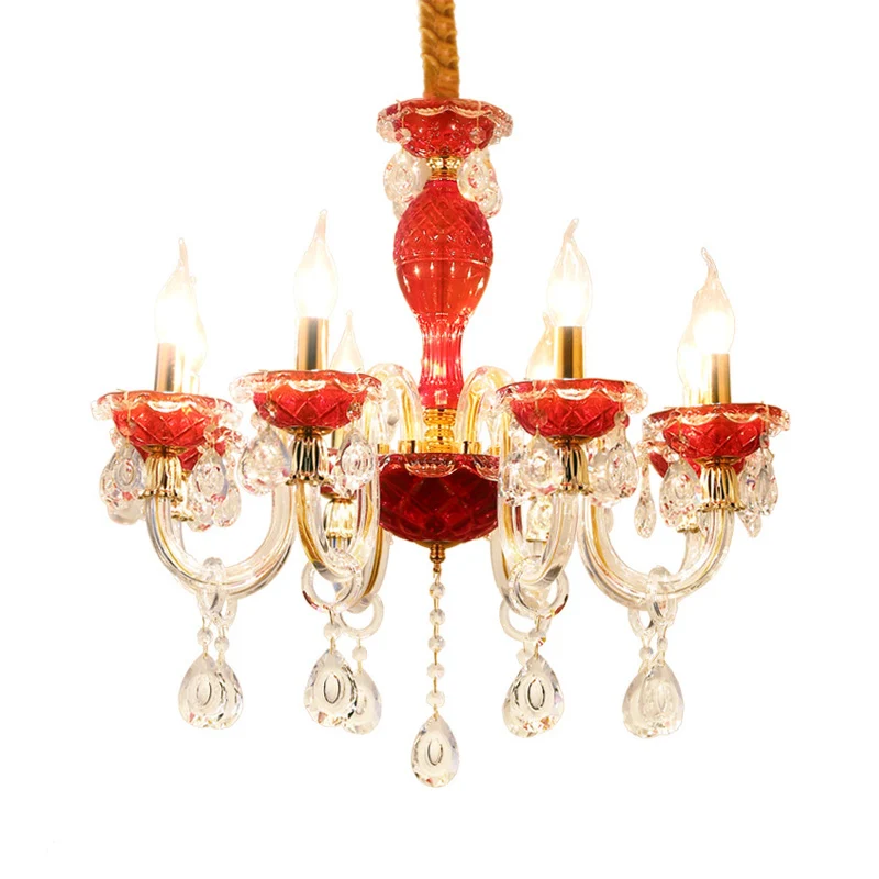 Kaars Restaurant Hanglamp Kit Traditioneel Kristal Drip 6/8 Lichten Rode Kroonluchter Verlichting Clearhalo