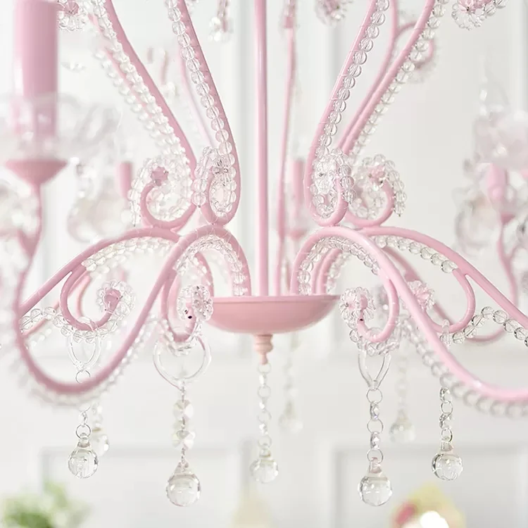 Kaars Restaurant Hanglamp met Kristallen Kraal Metalen Moderne Kroonluchter Roze Afwerking Clearhalo