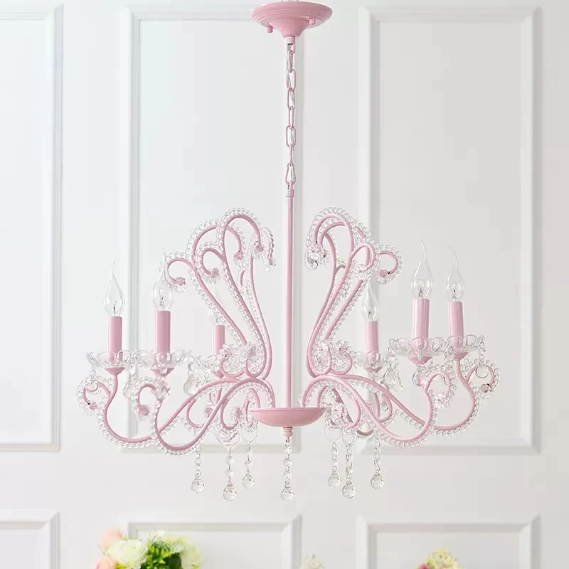 Kaars Restaurant Hanglamp met Kristallen Kraal Metalen Moderne Kroonluchter Roze Afwerking Clearhalo