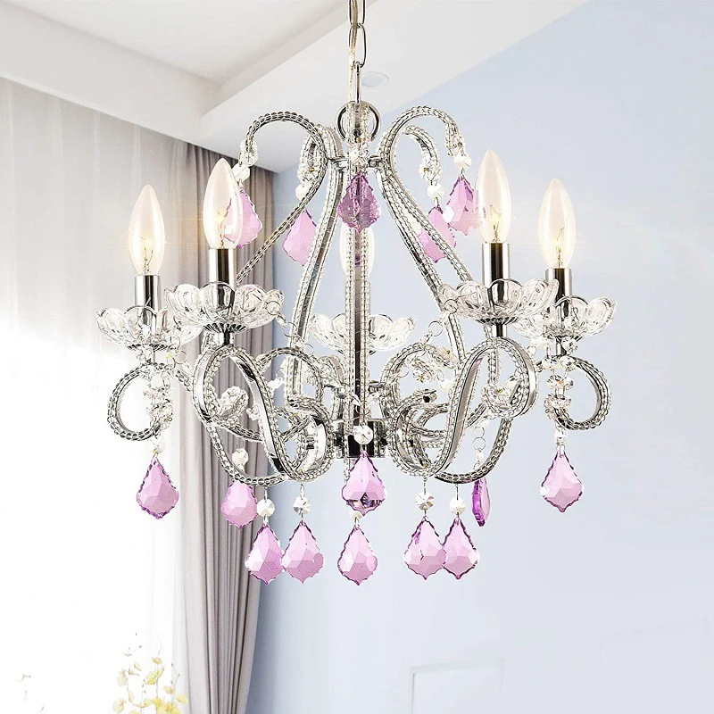 Kaars Slaapkamer Plafondhanger Frans Land Kristal 5 Hoofden Hangende Kroonluchter Licht Clearhalo