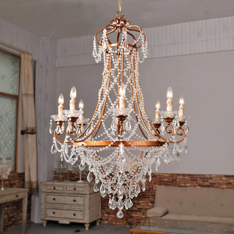 Kaars Woonkamer Kroonluchter Lamp Platteland Kristal 8 Lichten Messing Hangende Plafondlamp Clearhalo