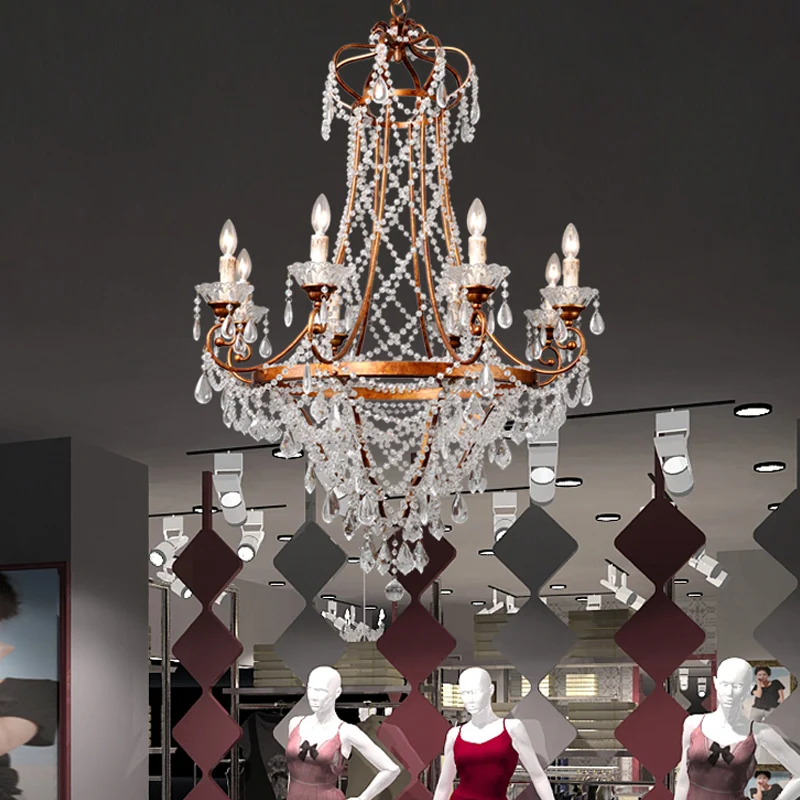 Kaars Woonkamer Kroonluchter Lamp Platteland Kristal 8 Lichten Messing Hangende Plafondlamp Clearhalo