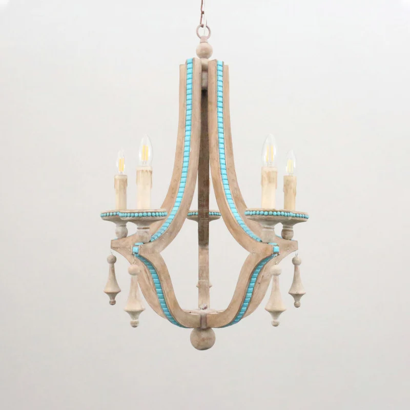 Kaarsenkroonluchter licht rustiek hout 5 koppen beige hanglampenset voor woonkamer Clearhalo