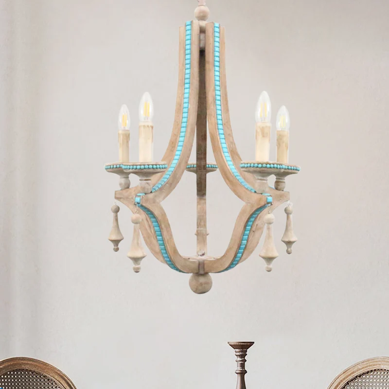 Kaarsenkroonluchter licht rustiek hout 5 koppen beige hanglampenset voor woonkamer Clearhalo