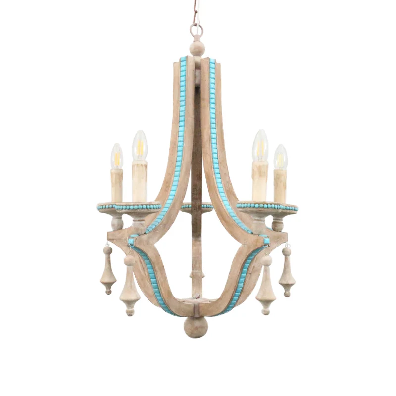 Kaarsenkroonluchter licht rustiek hout 5 koppen beige hanglampenset voor woonkamer Clearhalo