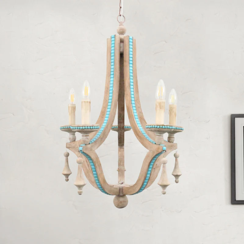 Kaarsenkroonluchter licht rustiek hout 5 koppen beige hanglampenset voor woonkamer Clearhalo
