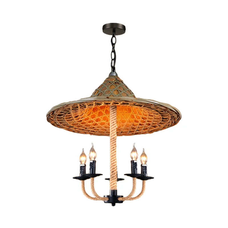 Kaarsenkroonluchterverlichting met hoed Design Lodge Style Rotan 5-lichts beige hanglamp voor eetkamer Clearhalo