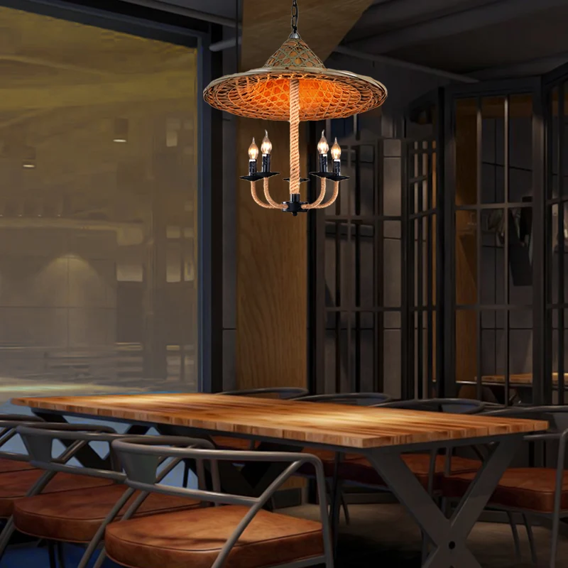Kaarsenkroonluchterverlichting met hoed Design Lodge Style Rotan 5-lichts beige hanglamp voor eetkamer Clearhalo