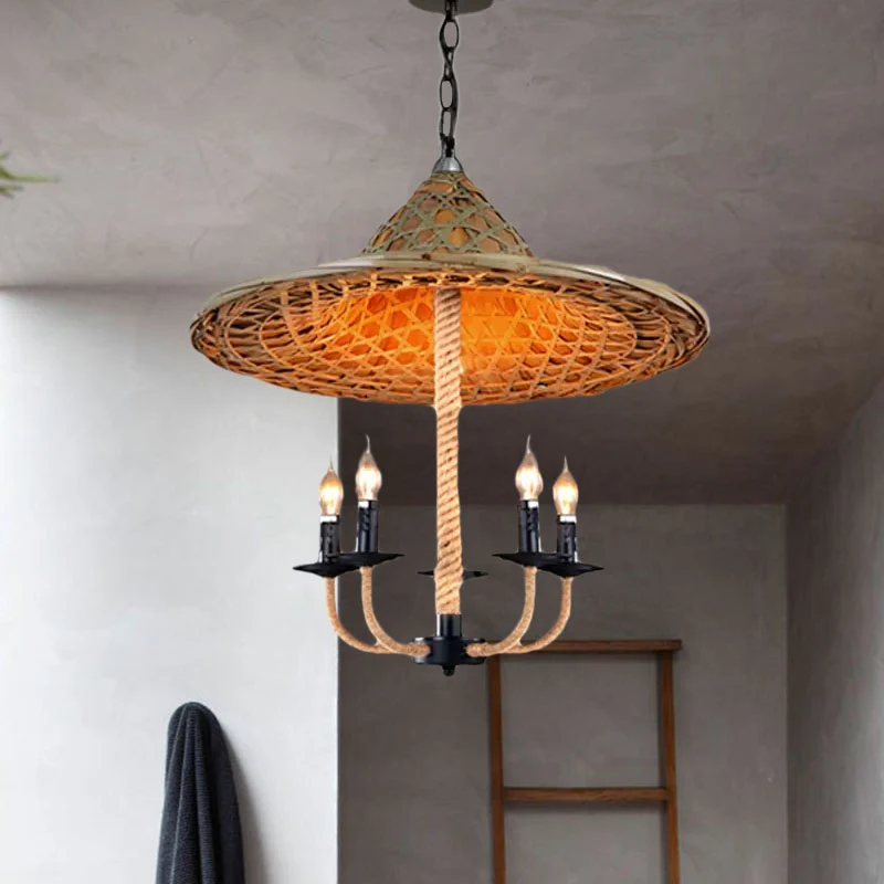 Kaarsenkroonluchterverlichting met hoed Design Lodge Style Rotan 5-lichts beige hanglamp voor eetkamer Clearhalo