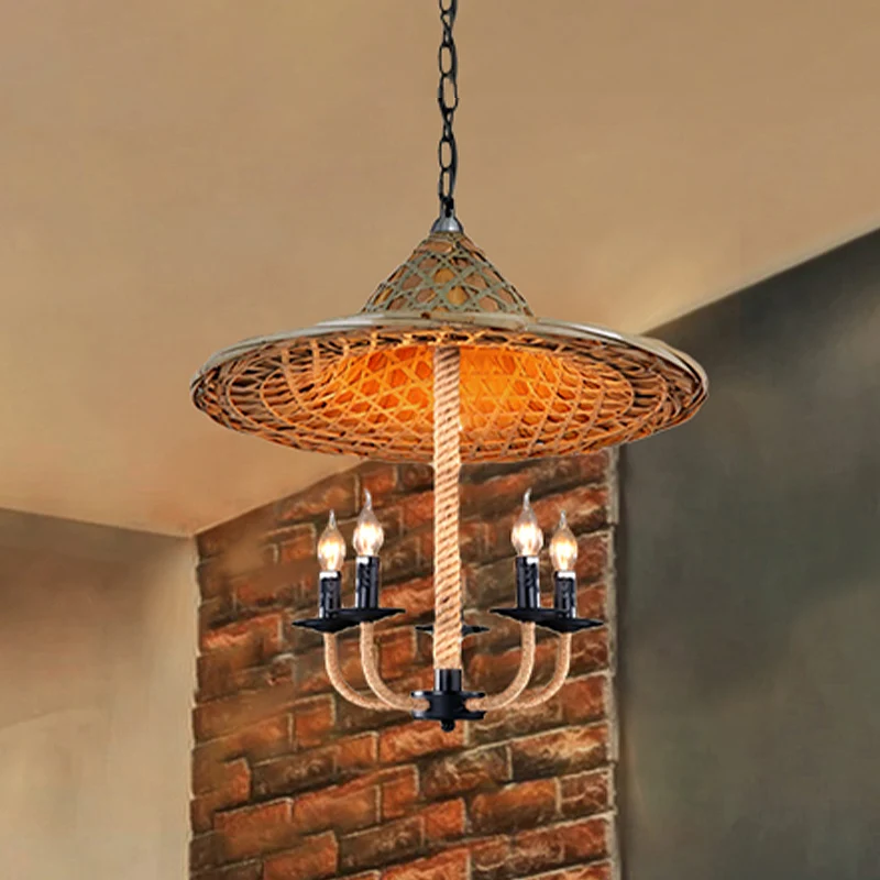 Kaarsenkroonluchterverlichting met hoed Design Lodge Style Rotan 5-lichts beige hanglamp voor eetkamer Clearhalo