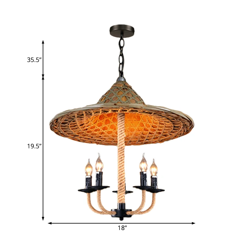 Kaarsenkroonluchterverlichting met hoed Design Lodge Style Rotan 5-lichts beige hanglamp voor eetkamer Clearhalo