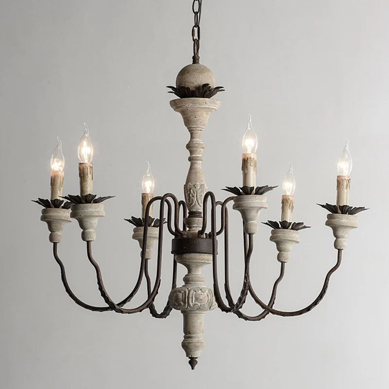 Kaarshouten hangende kroonluchter Traditionele 6-lichts woonkamer houten ophangverlichting noodlijdend wit Clearhalo