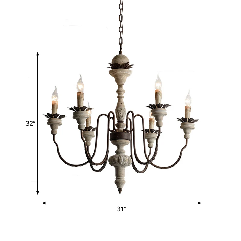 Kaarshouten hangende kroonluchter Traditionele 6-lichts woonkamer houten ophangverlichting noodlijdend wit Clearhalo
