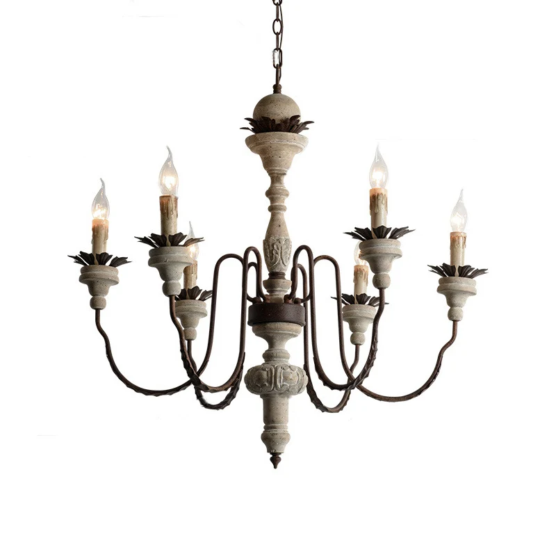 Kaarshouten hangende kroonluchter Traditionele 6-lichts woonkamer houten ophangverlichting noodlijdend wit Clearhalo