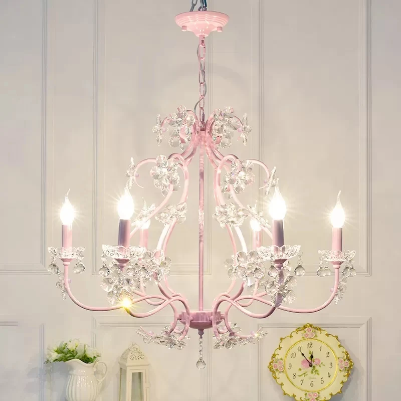 Kaarsvormige kroonluchter met helder kristal kinder metalen hanglamp roze met kristal voor eetkamer Clearhalo