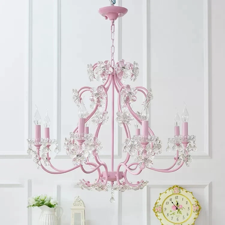 Kaarsvormige kroonluchter met helder kristal kinder metalen hanglamp roze met kristal voor eetkamer Clearhalo