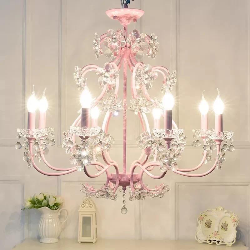 Kaarsvormige kroonluchter met helder kristal kinder metalen hanglamp roze met kristal voor eetkamer Clearhalo