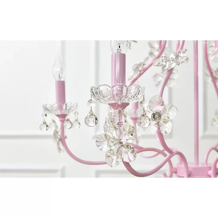 Kaarsvormige kroonluchter met helder kristal kinder metalen hanglamp roze met kristal voor eetkamer Clearhalo