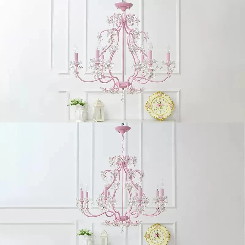 Kaarsvormige kroonluchter met helder kristal kinder metalen hanglamp roze met kristal voor eetkamer Clearhalo