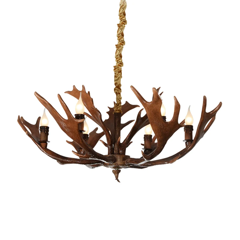 Kaarsvormige slaapkamer hanglamp Traditionele hars 6-lamps bruine kroonluchter hanglamp met gewei Clearhalo