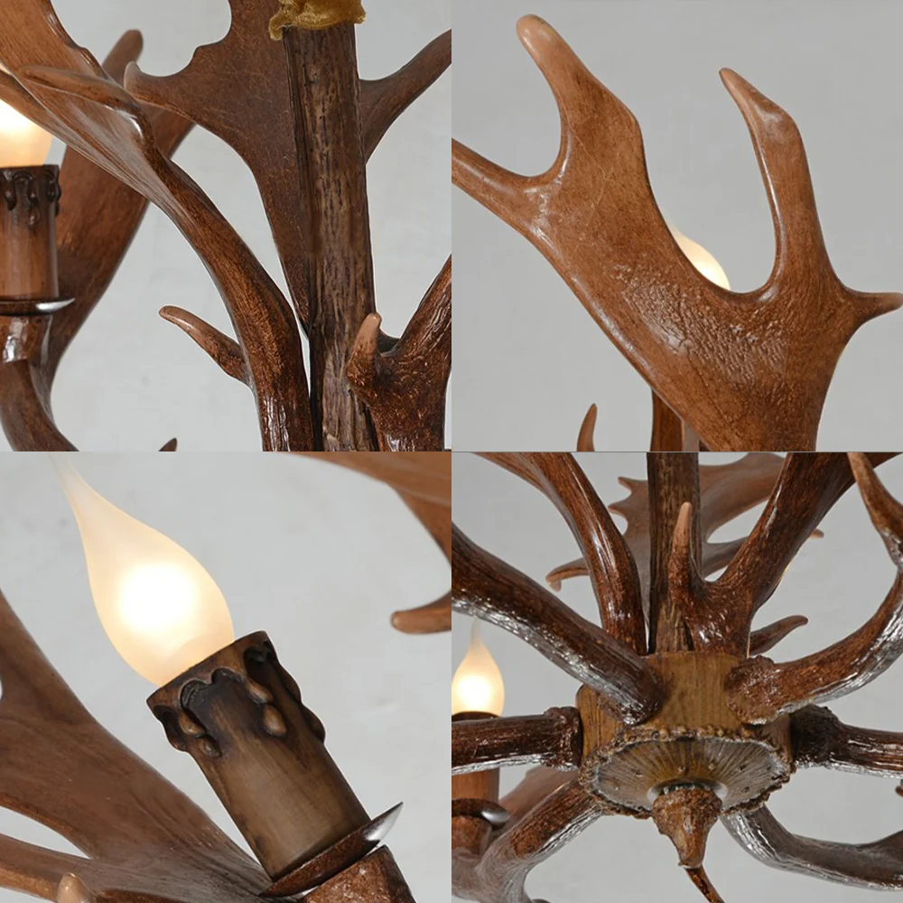 Kaarsvormige slaapkamer hanglamp Traditionele hars 6-lamps bruine kroonluchter hanglamp met gewei Clearhalo