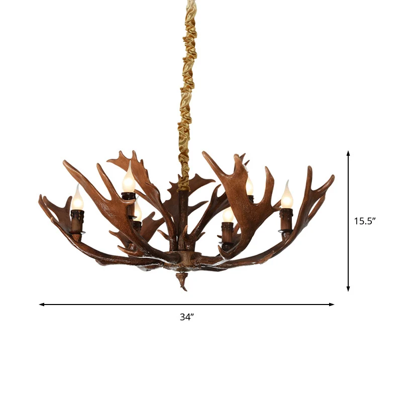 Kaarsvormige slaapkamer hanglamp Traditionele hars 6-lamps bruine kroonluchter hanglamp met gewei Clearhalo
