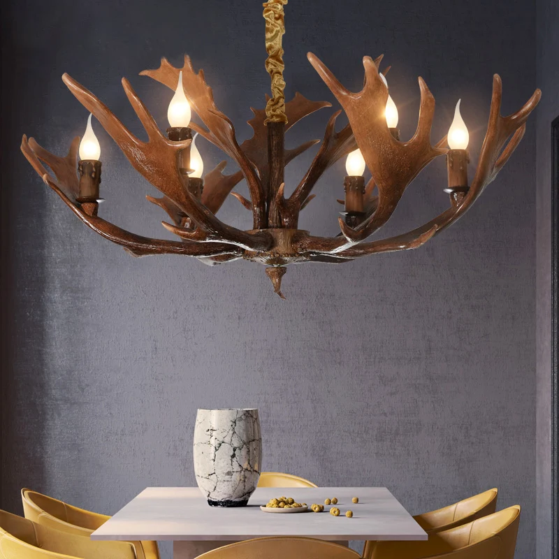 Kaarsvormige slaapkamer hanglamp Traditionele hars 6-lamps bruine kroonluchter hanglamp met gewei Clearhalo