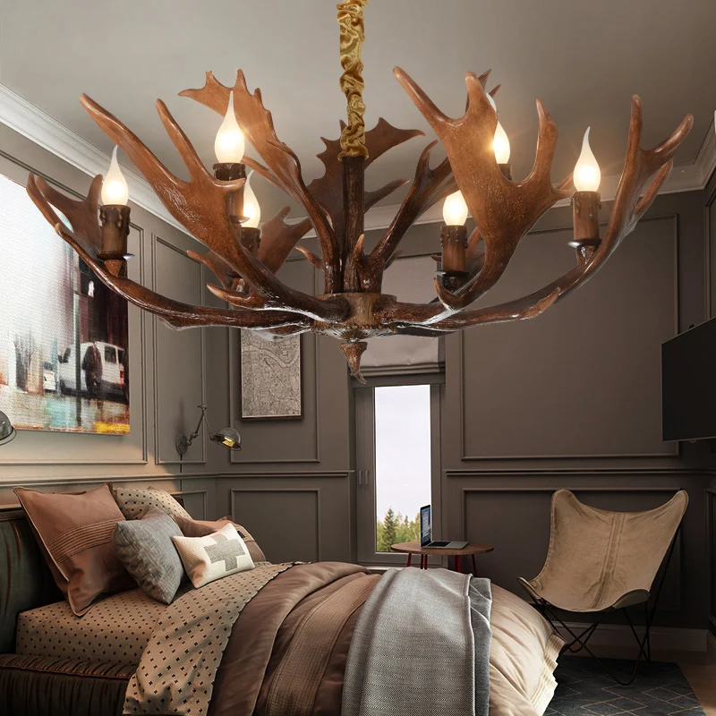 Kaarsvormige slaapkamer hanglamp Traditionele hars 6-lamps bruine kroonluchter hanglamp met gewei Clearhalo