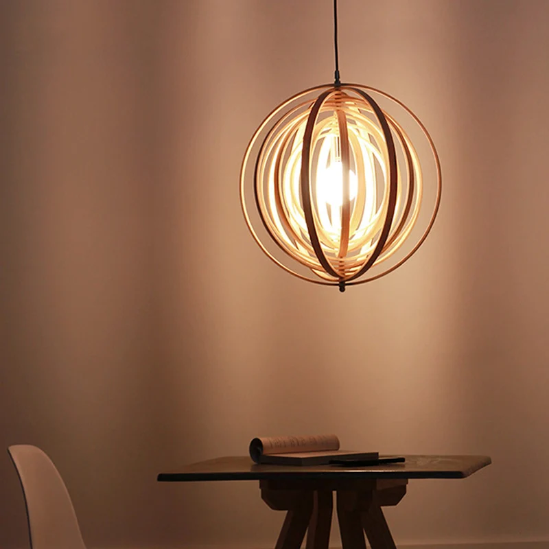 Kabbelende bol houten hanglampset Aziatisch 1 lichtbeige hanglamp boven tafel Clearhalo