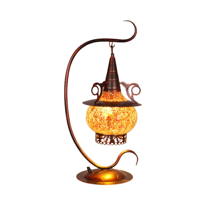 Kachelvormig slaapkamernachtlampje Art Deco oranje glas 1-lichts tafellamp met gekrulde arm Clearhalo