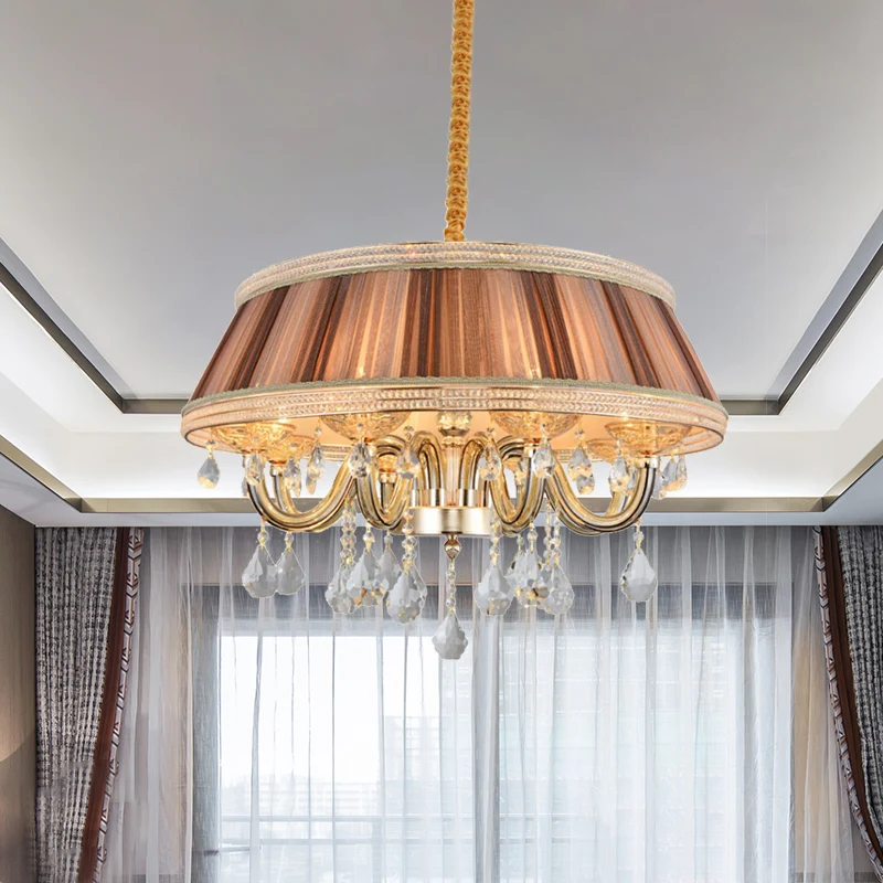 Kaki Drum Plafondkroonluchter Modernisme 8 Hoofden Geplooide Stof Hangende Verlichting met Kristallen Druppel Clearhalo