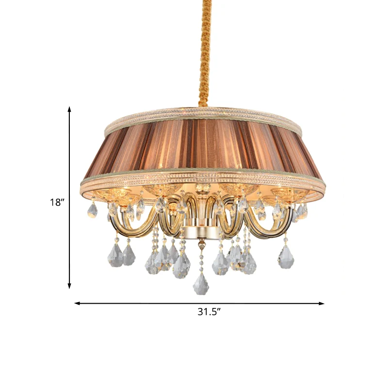 Kaki Drum Plafondkroonluchter Modernisme 8 Hoofden Geplooide Stof Hangende Verlichting met Kristallen Druppel Clearhalo