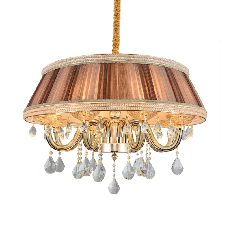 Kaki Drum Plafondkroonluchter Modernisme 8 Hoofden Geplooide Stof Hangende Verlichting met Kristallen Druppel Clearhalo