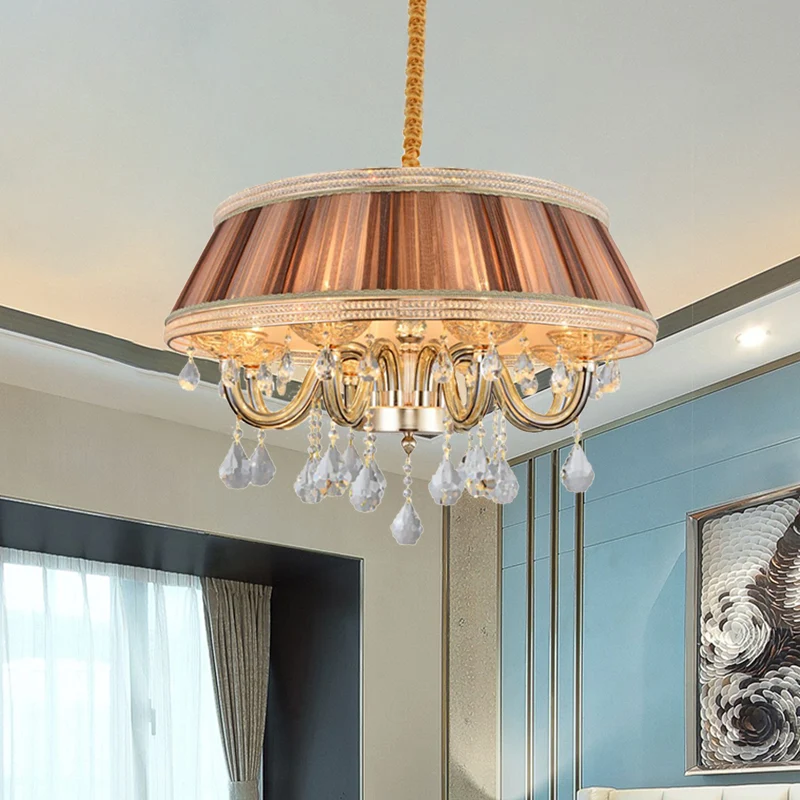 Kaki Drum Plafondkroonluchter Modernisme 8 Hoofden Geplooide Stof Hangende Verlichting met Kristallen Druppel Clearhalo