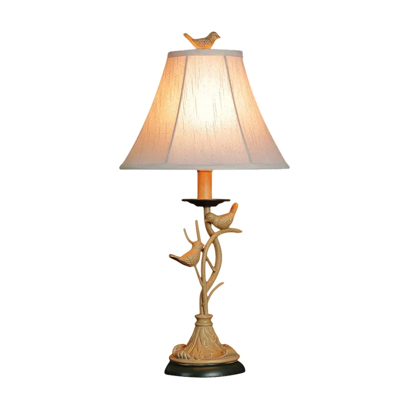Kaki tafellamp met 1 lamp Landelijk uitlopend nachtkastje van stof met decoratie van takjes en vogels Clearhalo