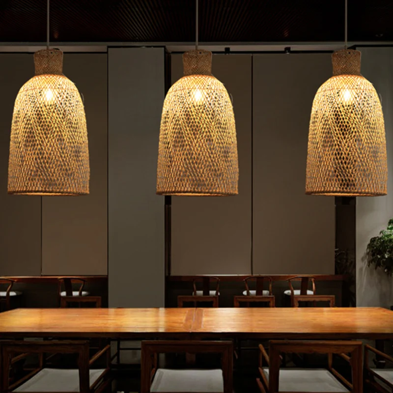 Kaki trompet hanglamp Japans 1-lamps bamboe hanglamp boven eettafel Clearhalo