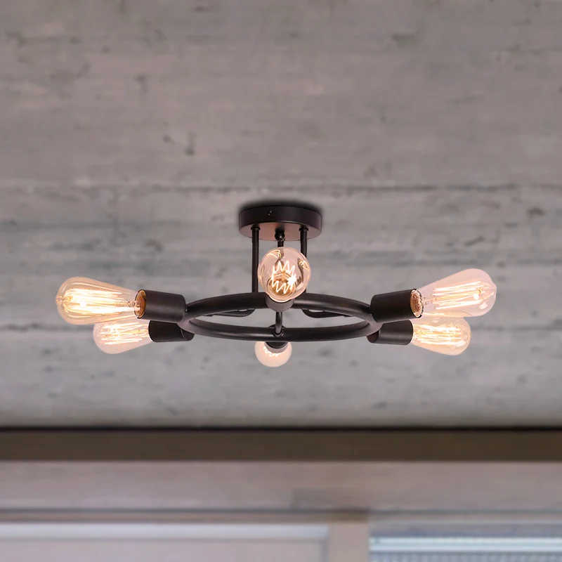 Kale lamp semi-inbouw plafondlamp Mid Century metallic 6-kops semi-gemonteerd licht messing/zwarte afwerking Clearhalo