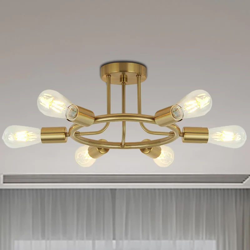 Kale lamp semi-inbouw plafondlamp Mid Century metallic 6-kops semi-gemonteerd licht messing/zwarte afwerking Clearhalo