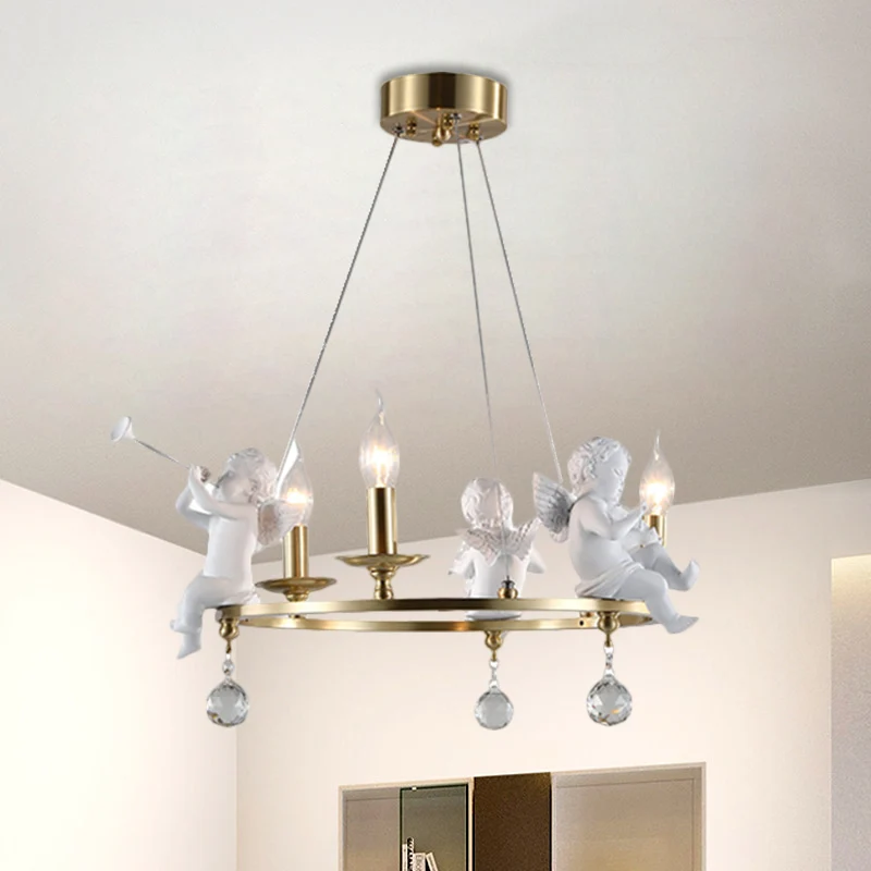 Kandelaar metalen plafondhanger Nordic 3-lamps gouden hangende kroonluchter met engeldeco Clearhalo
